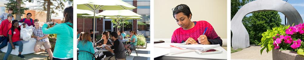 collage of four campus photos: the arch, students studying, and taking photo by the lion shrine